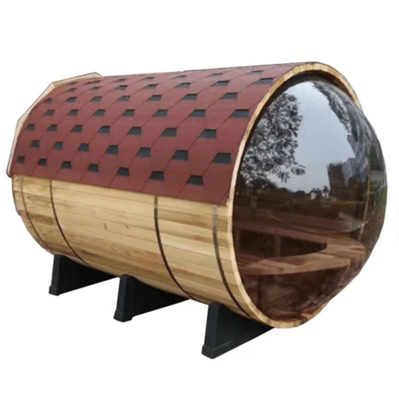 Cor de madeira natural 2025 Cedro canadense / Hemlock Sauna tradicional com barril de vapor Sala com fogão a lenha de 6KW e vidro panorâmico