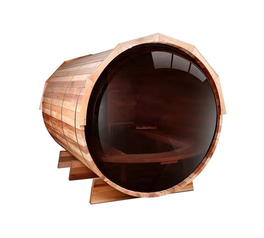 Cor de madeira natural 2025 Cedro canadense / Hemlock Sauna tradicional com barril de vapor Sala com fogão a lenha de 6KW e vidro panorâmico