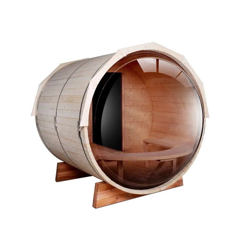 Cor de madeira natural 2025 Cedro canadense / Hemlock Sauna tradicional com barril de vapor Sala com fogão a lenha de 6KW e vidro panorâmico