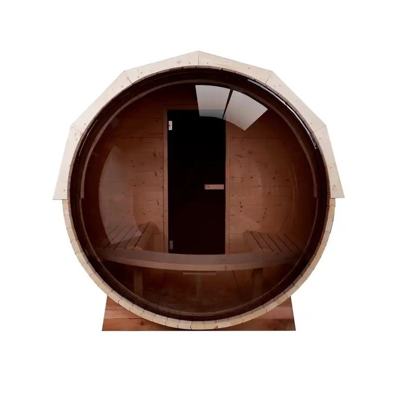 Cor de madeira natural 2025 Cedro canadense / Hemlock Sauna tradicional com barril de vapor Sala com fogão a lenha de 6KW e vidro panorâmico