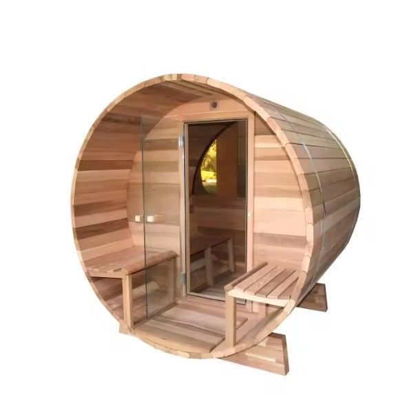 Sauna de Barril Externa para Pátio a Vapor Seco 2025 Madeira Maciça de Cedro Vermelho Sauna Tradicional para Relaxamento no Pátio