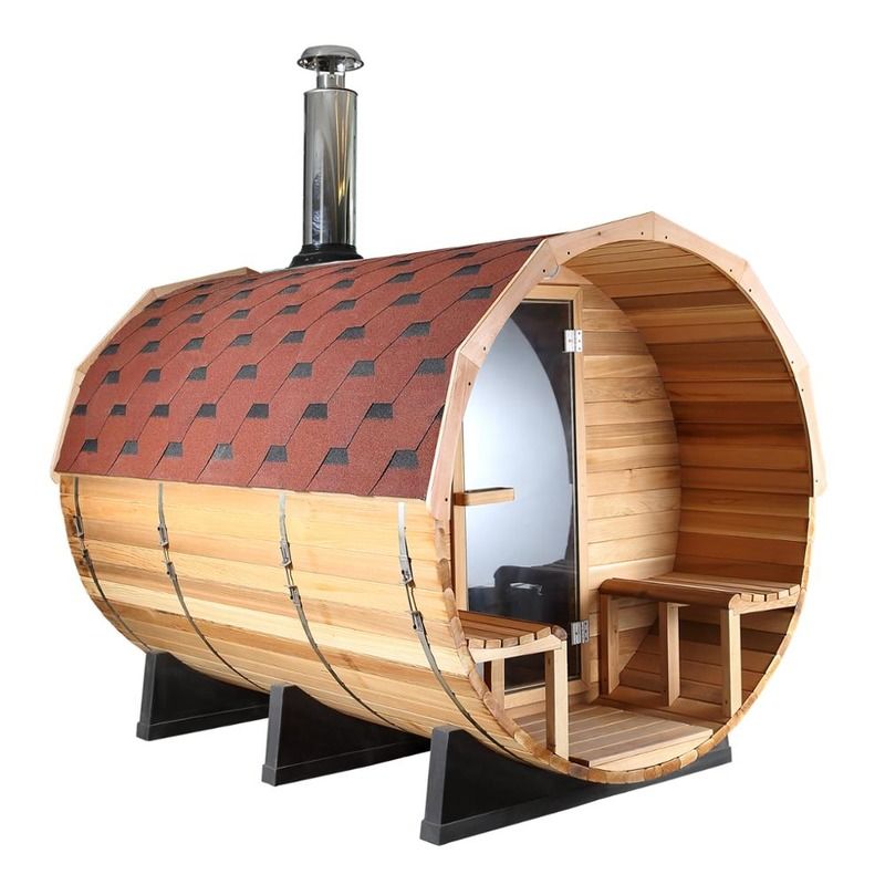 Sala de sauna tradicional de estilo europeu para 3-4 pessoas com sauna de barril com aquecedor de sauna Harvia para uso externo