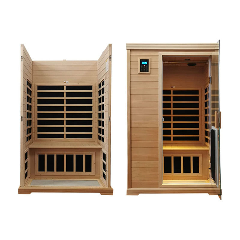 Sauna de Infravermelhos Tradicional em Madeira para 2 Pessoas, Aquecimento de 1750W, 9 Placas, Tempo de Pré-aquecimento de 10 Minutos e Controlo de Temperatura Pré-definido