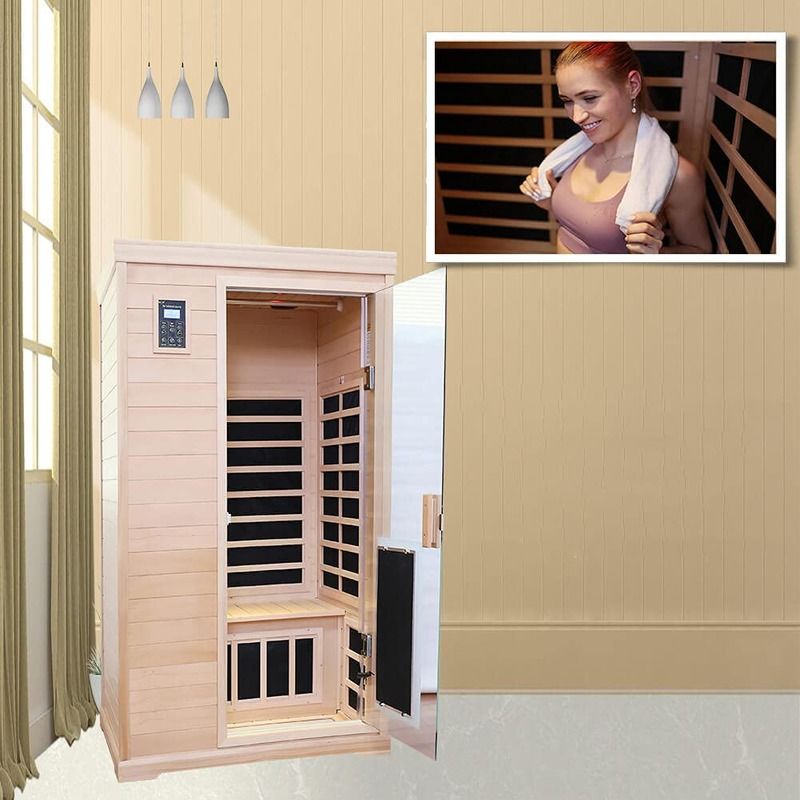 Sauna de Infravermelhos Tradicional em Madeira para 2 Pessoas, Aquecimento de 1750W, 9 Placas, Tempo de Pré-aquecimento de 10 Minutos e Controlo de Temperatura Pré-definido