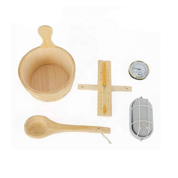Kit de Acessórios para Sauna Balde de Madeira Concha Lâmpada Temporizador de Bolso Tradicional com Termômetro Concha de Água Ampulheta Kit de Sauna para Casa Spa