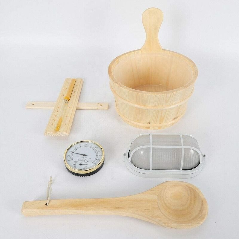 Kit Sauna Spa Balde de Madeira Concha Lâmpada Bolso Tradicional Casa Temporizador com Termômetro Concha de Água Ampulheta Pacote de Acessórios para Sauna