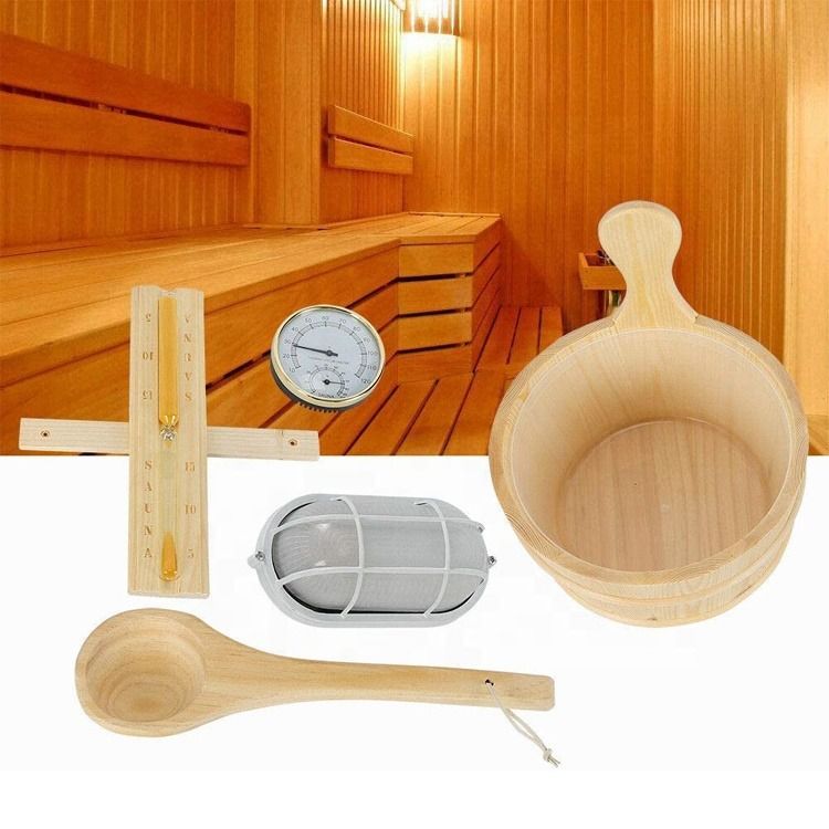 Kit Sauna Spa Balde de Madeira Concha Lâmpada Bolso Tradicional Casa Temporizador com Termômetro Concha de Água Ampulheta Pacote de Acessórios para Sauna