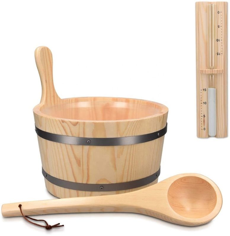 Balde de madeira tradicional para sauna com bolso, acessório essencial para spa, para banho de vapor, balde de madeira de pinho, forro de bolso, plástico, ampulheta