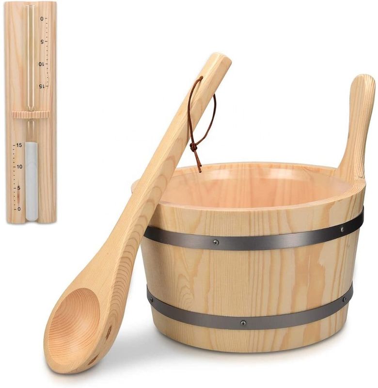 Balde de madeira tradicional para sauna com bolso, acessório essencial para spa, para banho de vapor, balde de madeira de pinho, forro de bolso, plástico, ampulheta